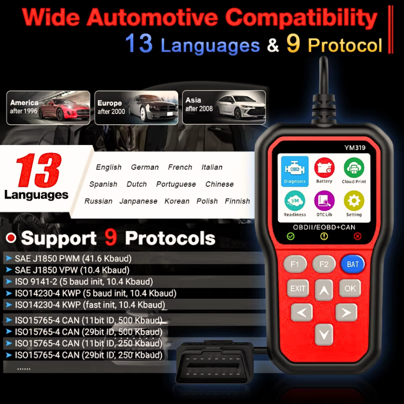 Professional OBD2 Scanner YM319 Red Code Reader Tool for Mechanics Check Engine Light Cloud Printing Diagnostic Tool