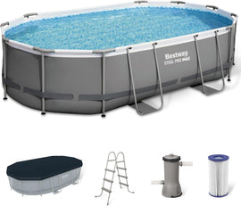 Bestway Power Steel Oval Metal Frame Above Ground Outdoor Swimming Pool Set