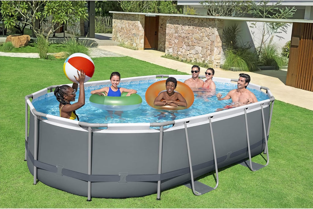 Bestway Power Steel Oval Metal Frame Above Ground Outdoor Swimming Pool Set